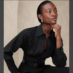 Elegant Cinched Waist Black Button-Up Shirt